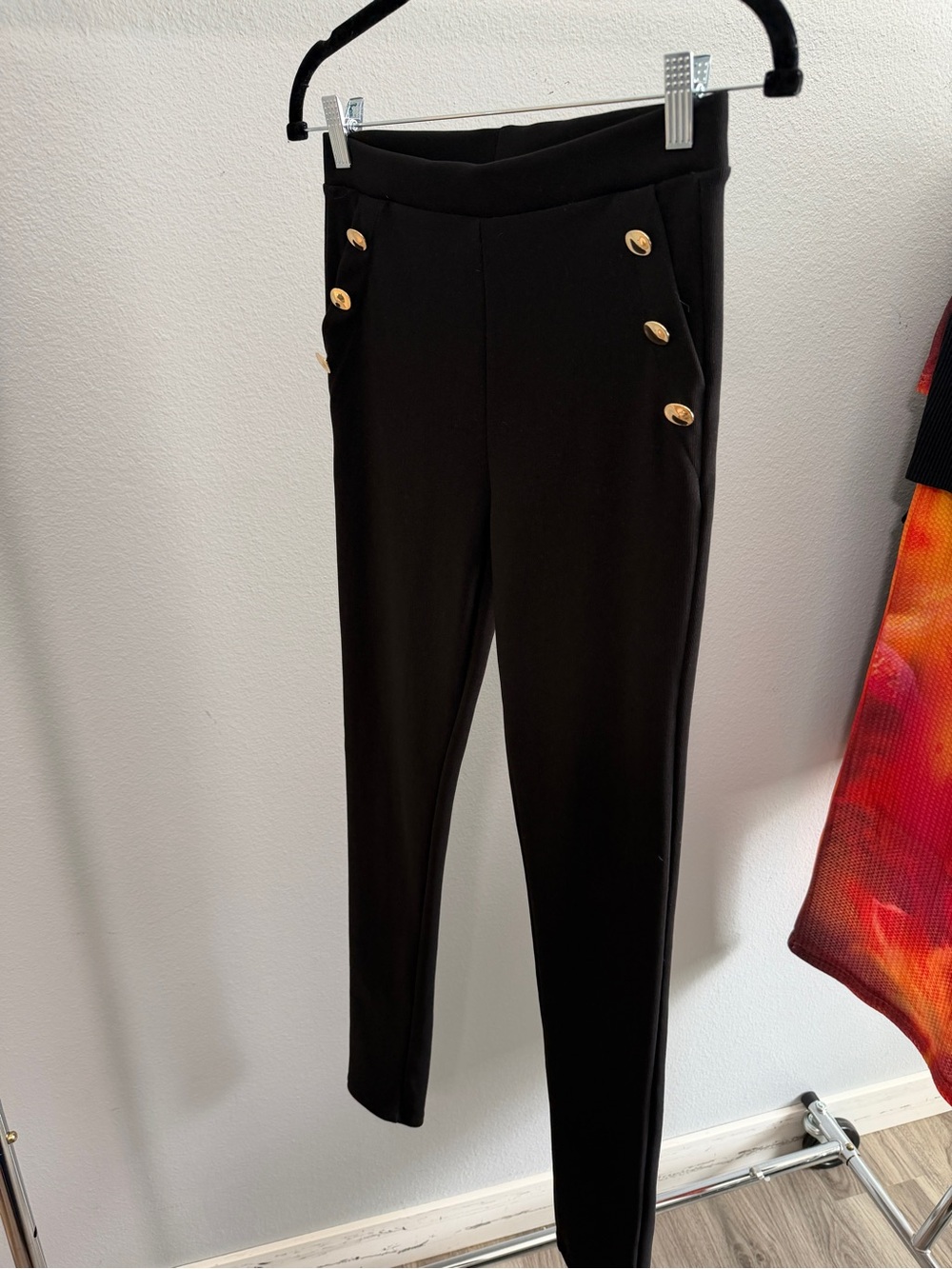 Zara Black High-Rise Skinny Ponte Pants with Gold Buttons